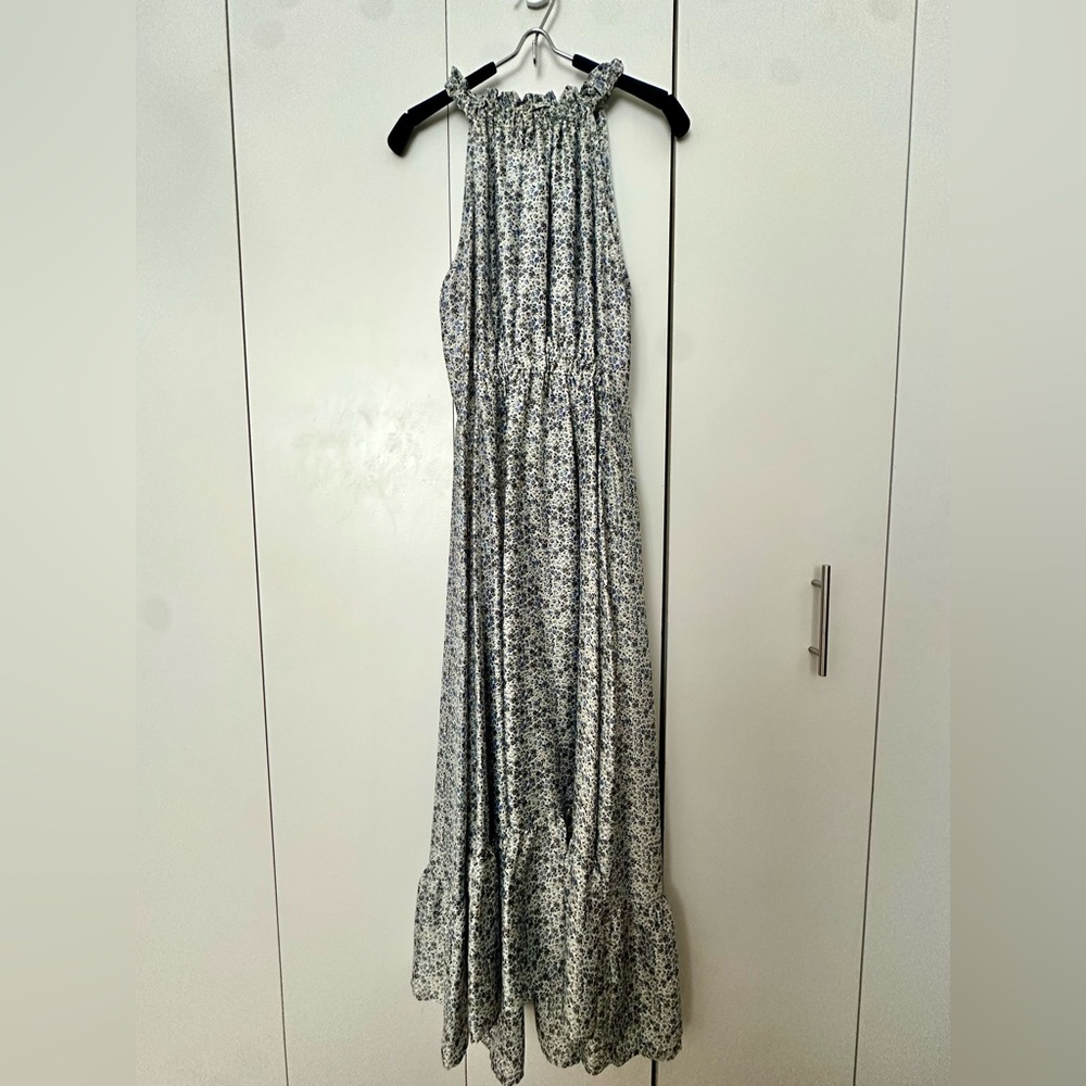 Zara Blue and White Floral Halter Satin Maxi Dress with High Low Hem Size S - Picture 8 of 8